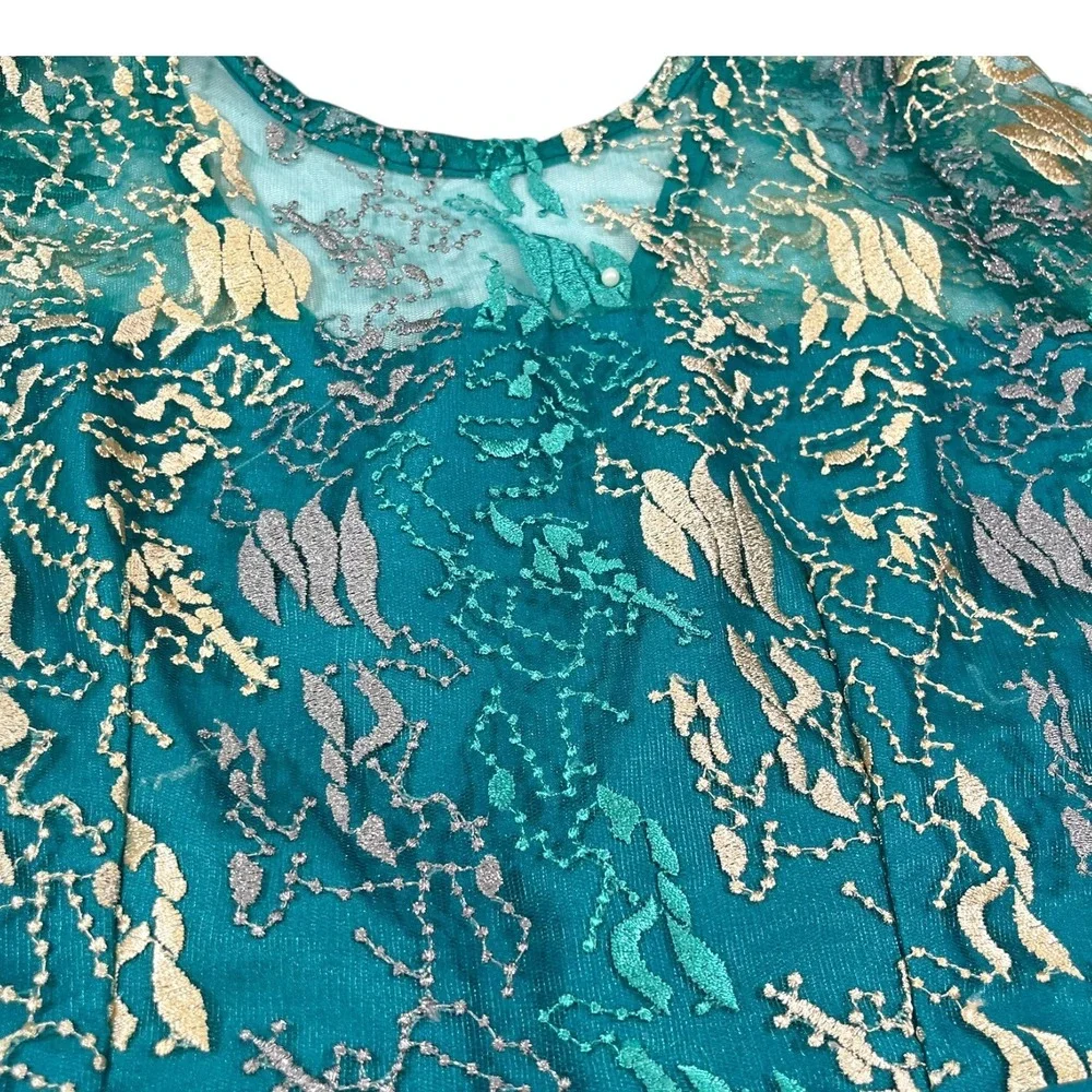 Girls Small Teal Lace Overlay Dress Gold Metallic Embroidery Whimsigoth